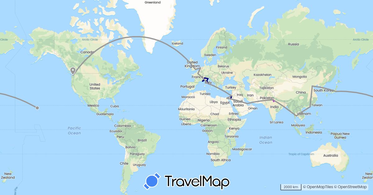 TravelMap itinerary: driving, plane, train in China, Egypt, France, United Kingdom, Greece, India, Italy, Jordan, Japan, Monaco, Netherlands, Qatar, Thailand, United States (Africa, Asia, Europe, North America)